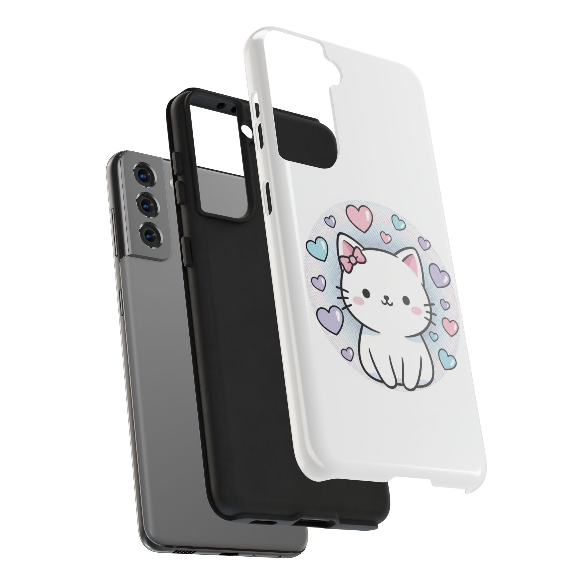 Cute Kawaii Kitten Tough Phone Case — Pastel Hearts Protective iPhone Cover