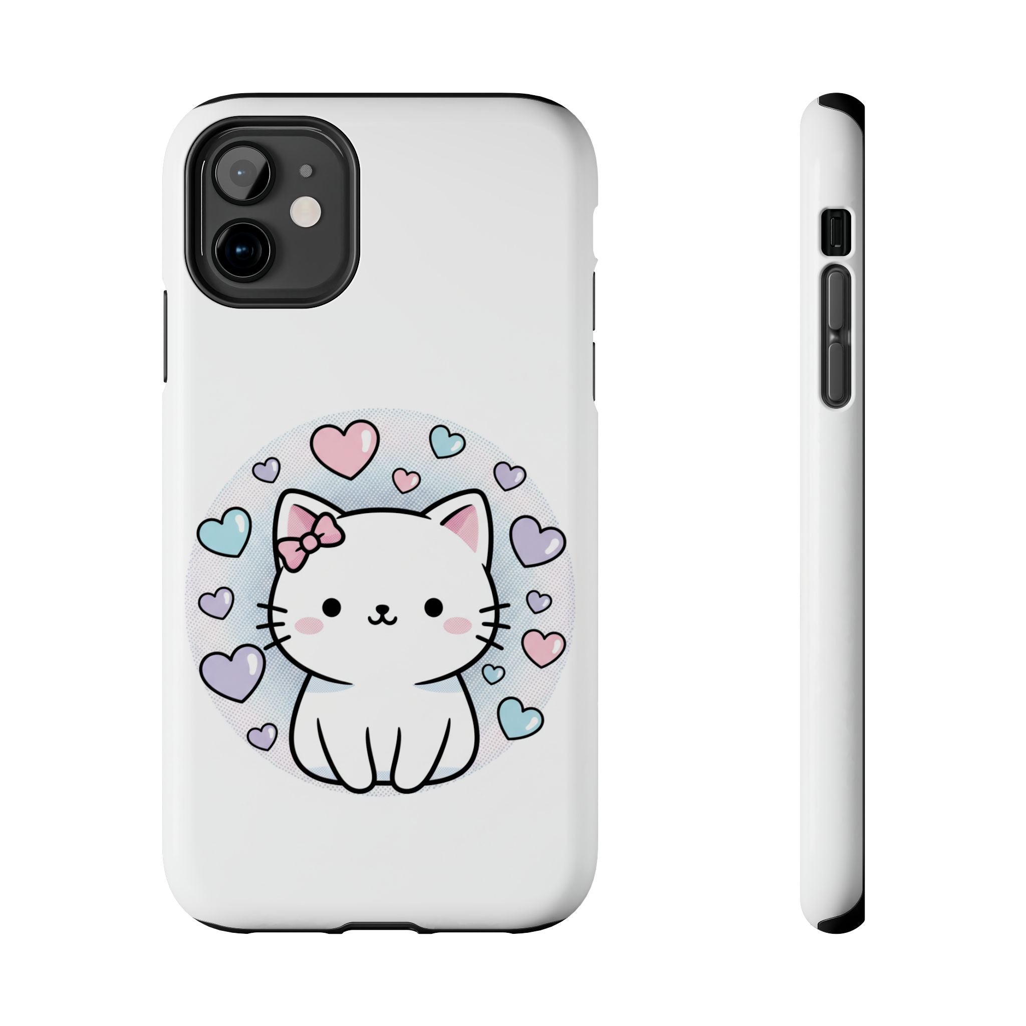 Cute Kawaii Kitten Tough Phone Case — Pastel Hearts Protective iPhone Cover