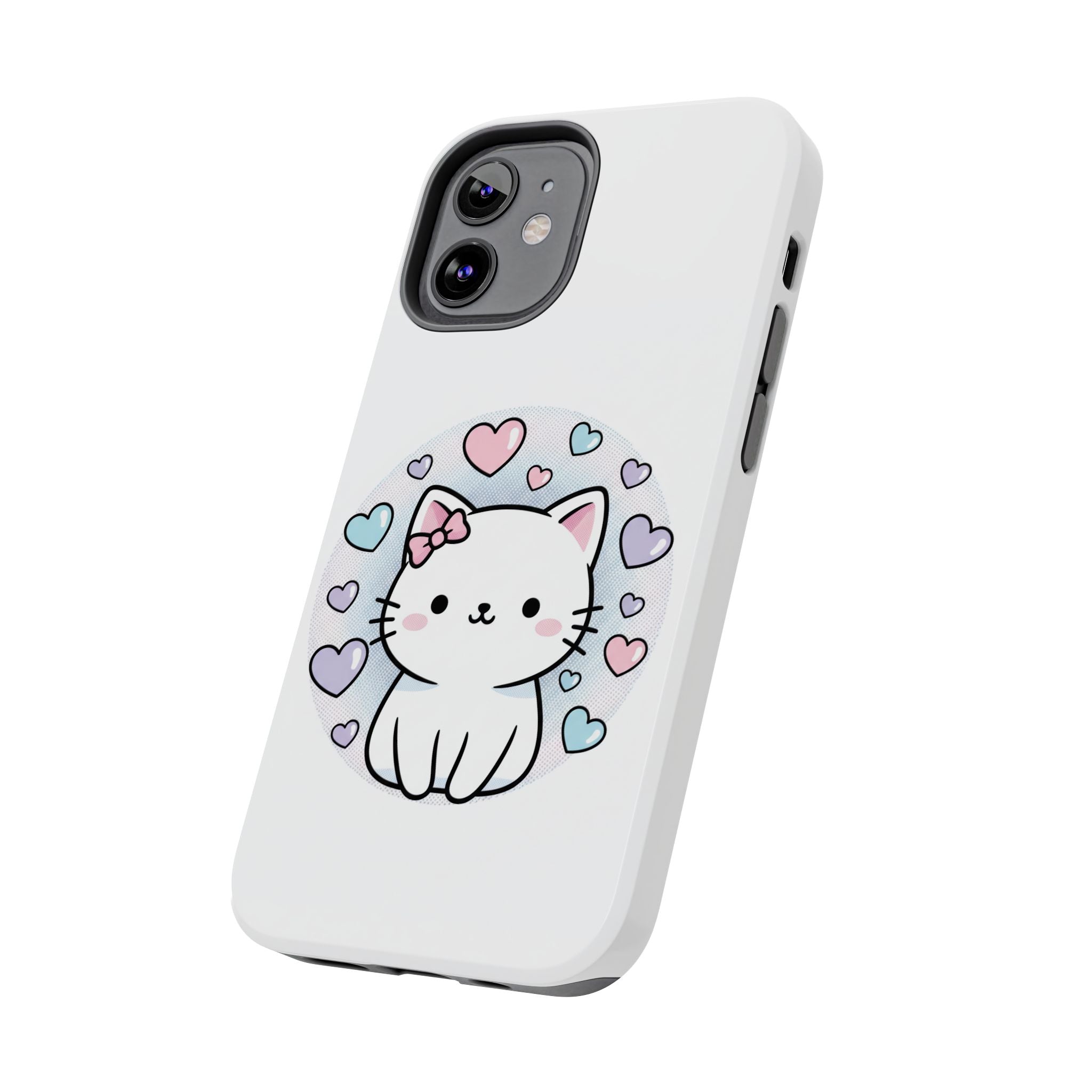 Cute Kawaii Kitten Tough Phone Case — Pastel Hearts Protective iPhone Cover