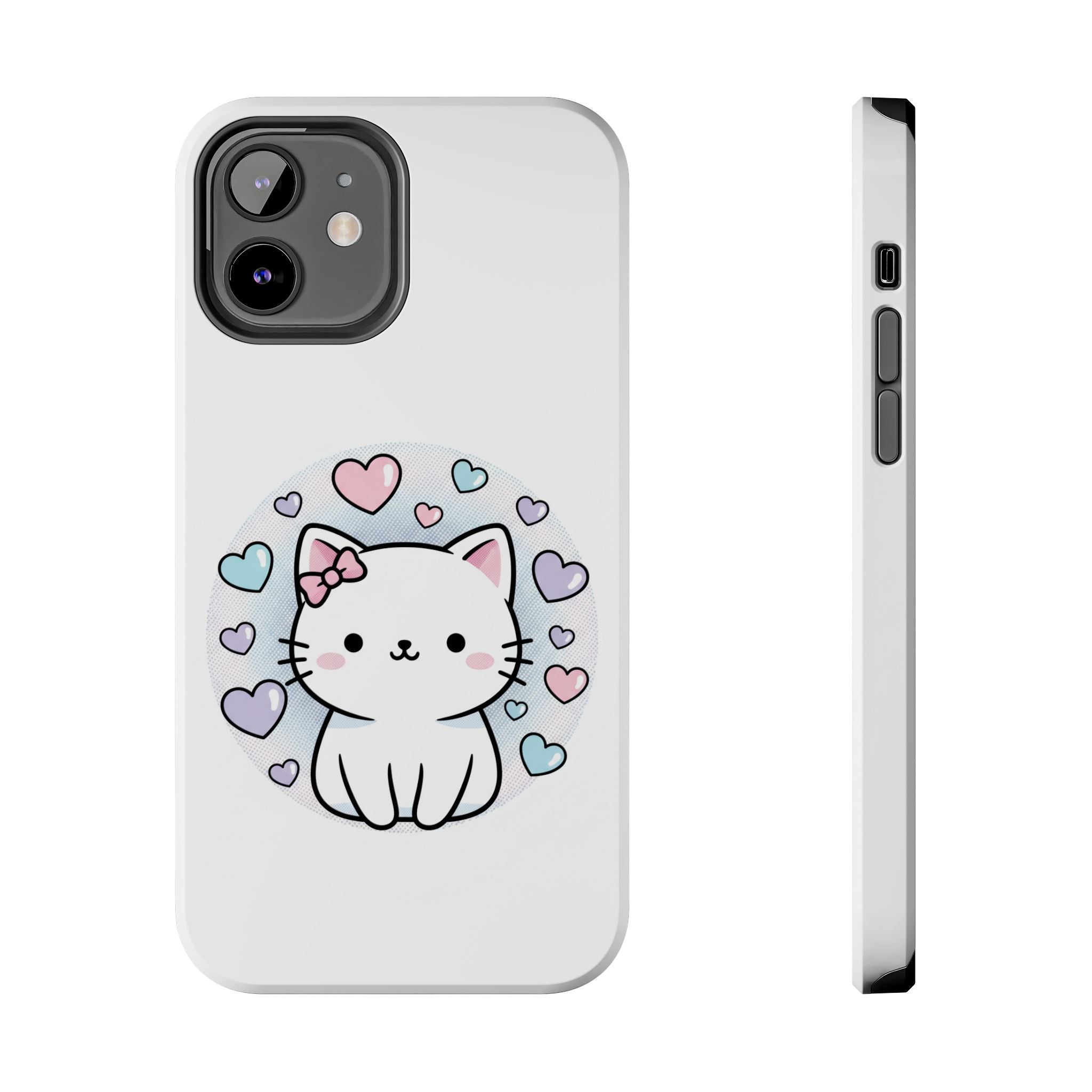 Cute Kawaii Kitten Tough Phone Case — Pastel Hearts Protective iPhone Cover