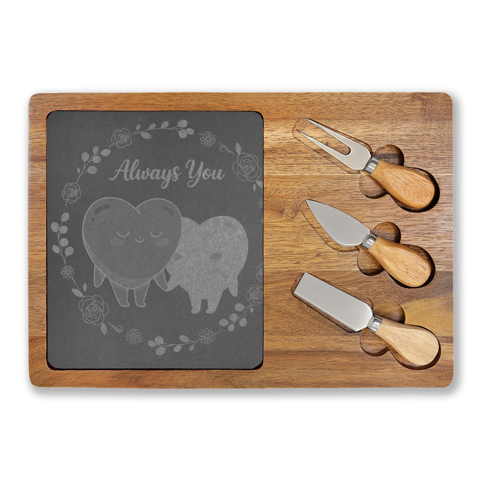 Engraved Charcuterie Board with Slate Inset – “Always You” Heart Design, Cheese Knife Set
