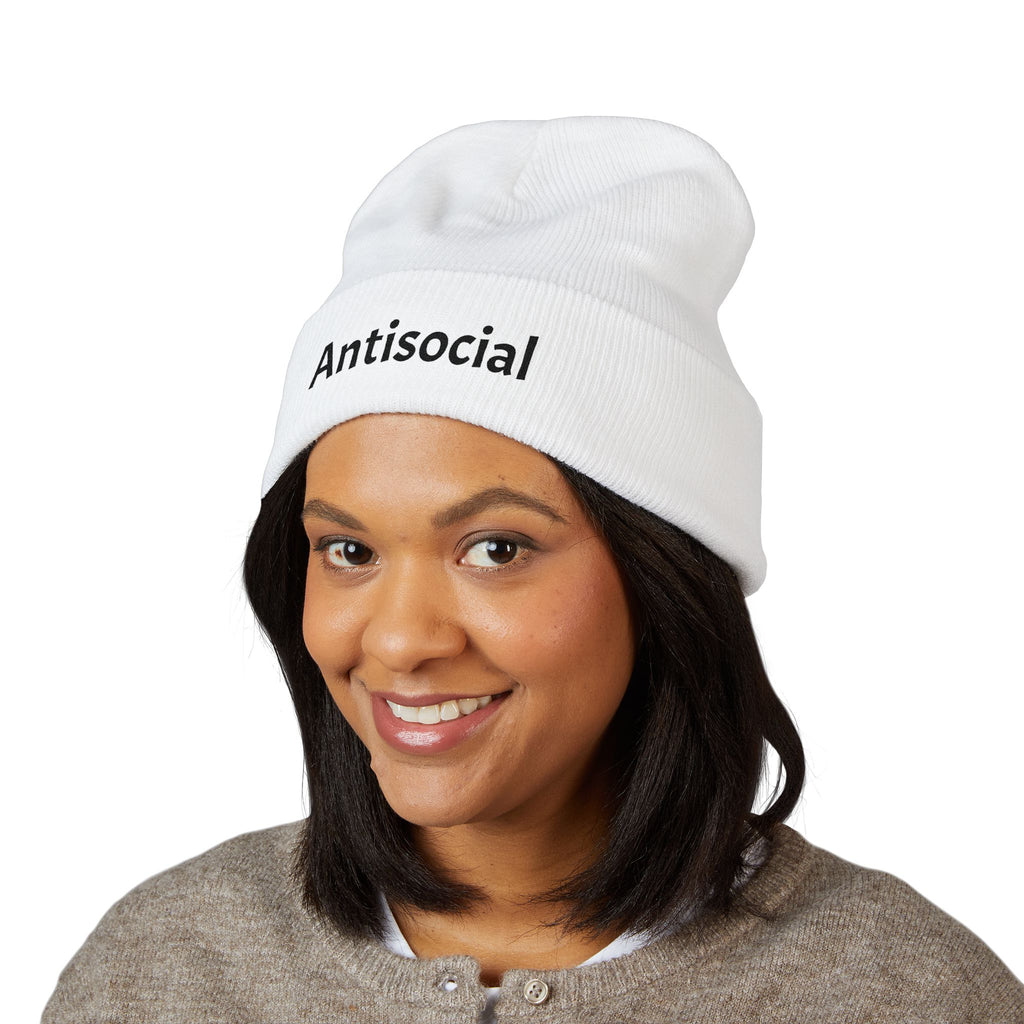 Antisocial Embroidered Cuffed Beanie —  Knit Hat