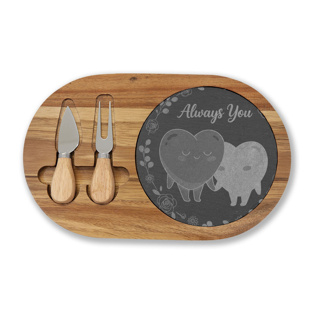 Engraved Charcuterie Board with Slate Inset – “Always You” Heart Design, Cheese Knife Set