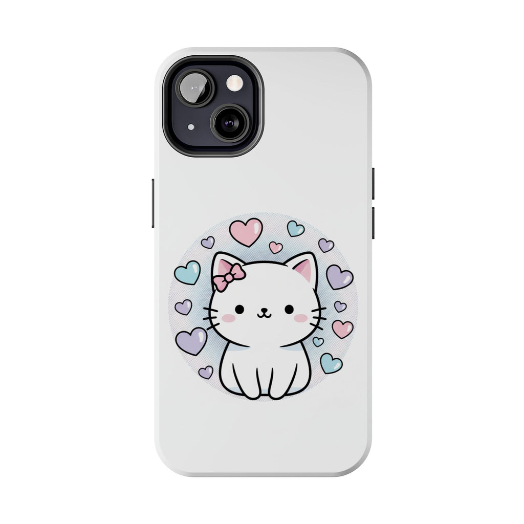 Cute Kawaii Kitten Tough Phone Case — Pastel Hearts Protective iPhone Cover