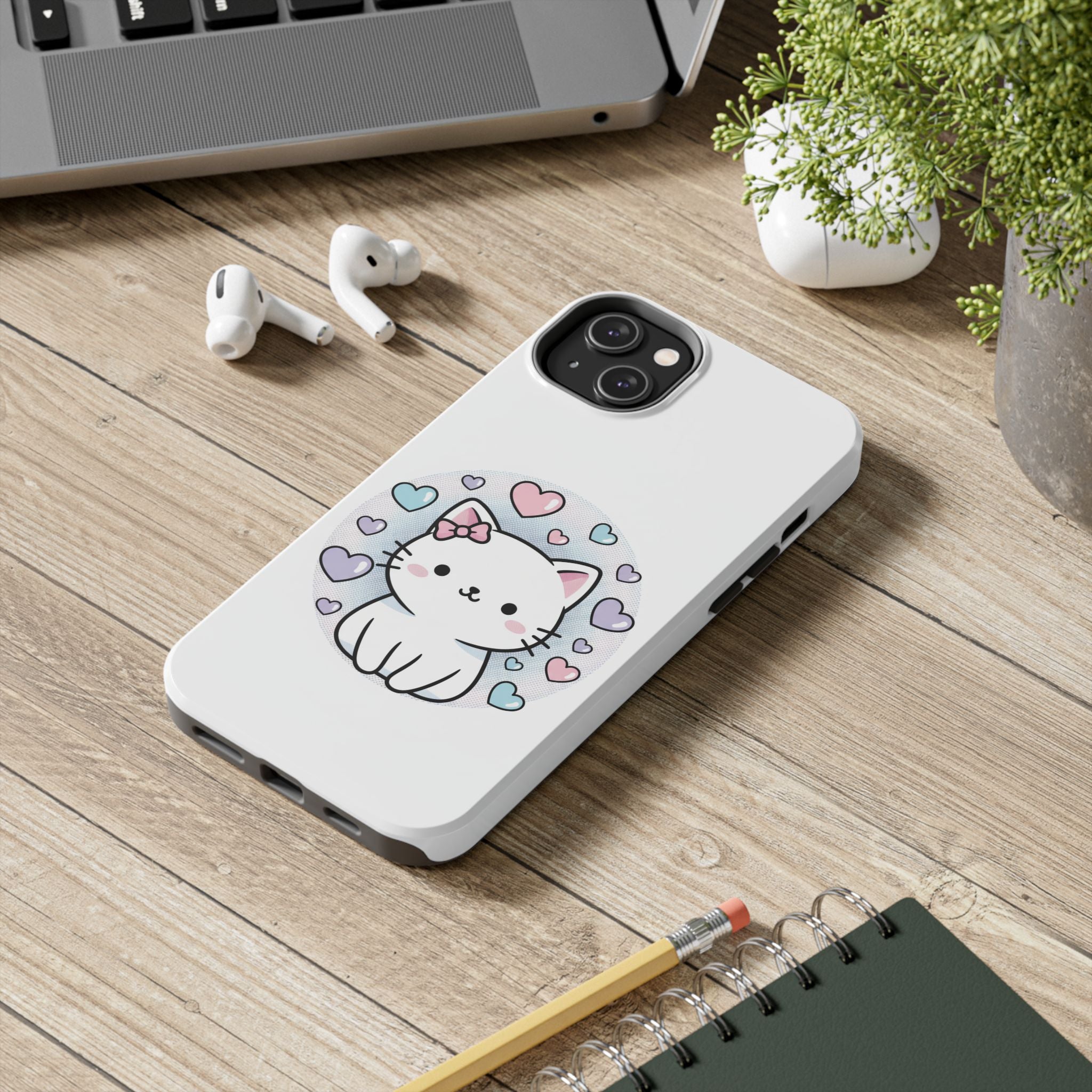Cute Kawaii Kitten Tough Phone Case — Pastel Hearts Protective iPhone Cover