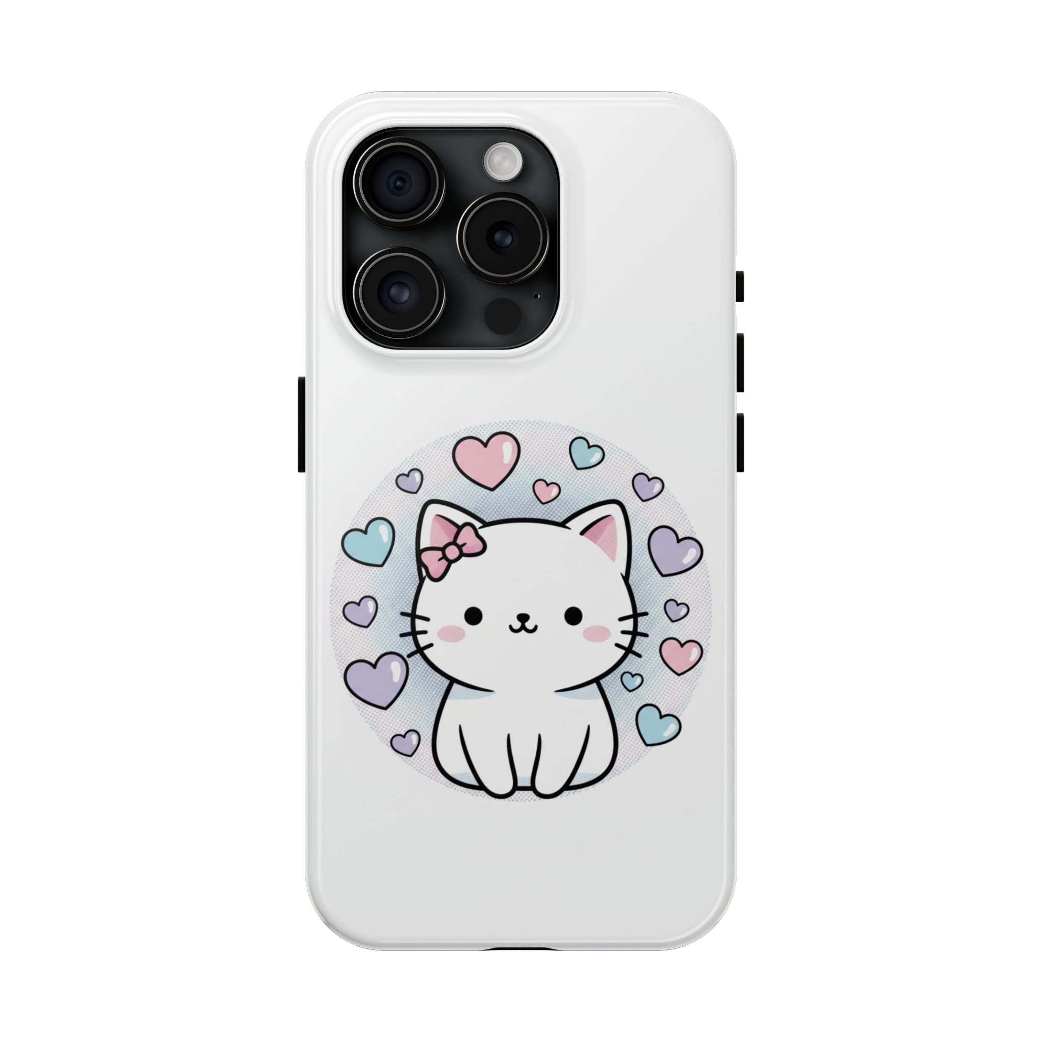 Cute Kawaii Kitten Tough Phone Case — Pastel Hearts Protective iPhone Cover