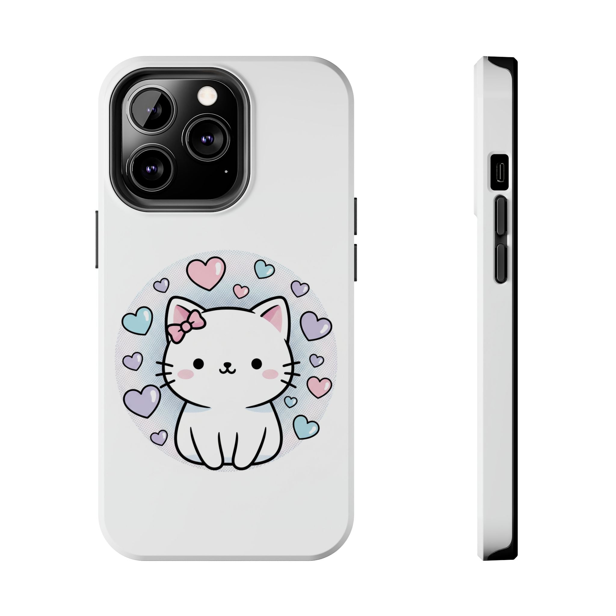 Cute Kawaii Kitten Tough Phone Case — Pastel Hearts Protective iPhone Cover