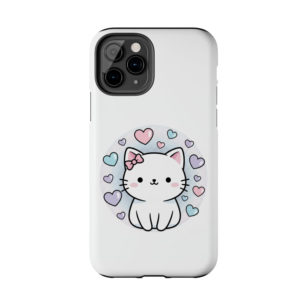 Cute Kawaii Kitten Tough Phone Case — Pastel Hearts Protective iPhone Cover