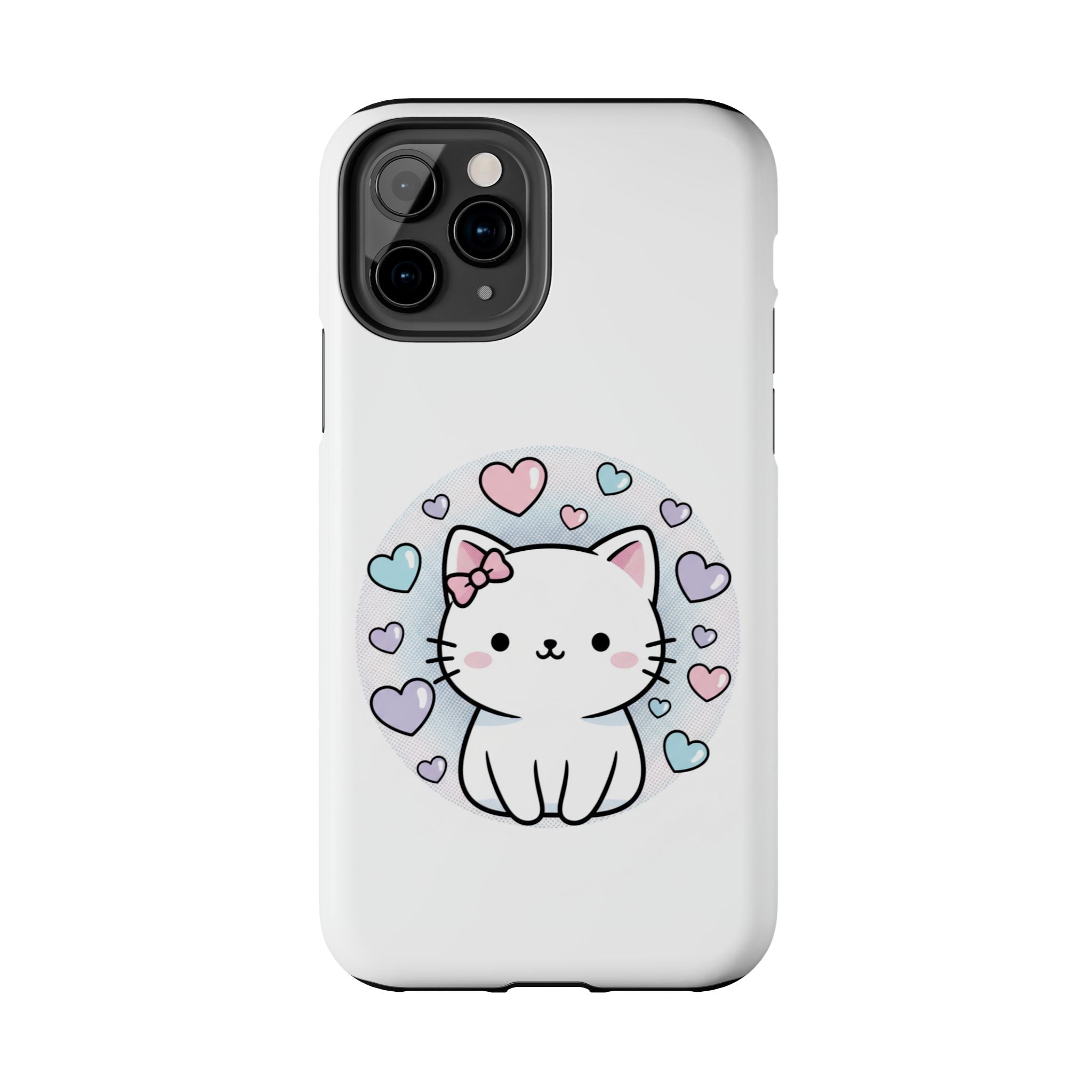 Cute Kawaii Kitten Tough Phone Case — Pastel Hearts Protective iPhone Cover
