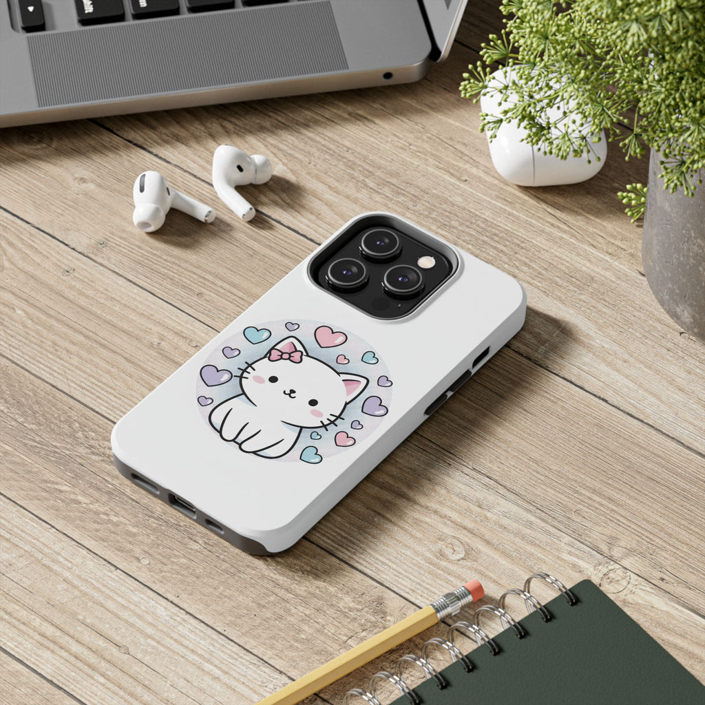 Cute Kawaii Kitten Tough Phone Case — Pastel Hearts Protective iPhone Cover
