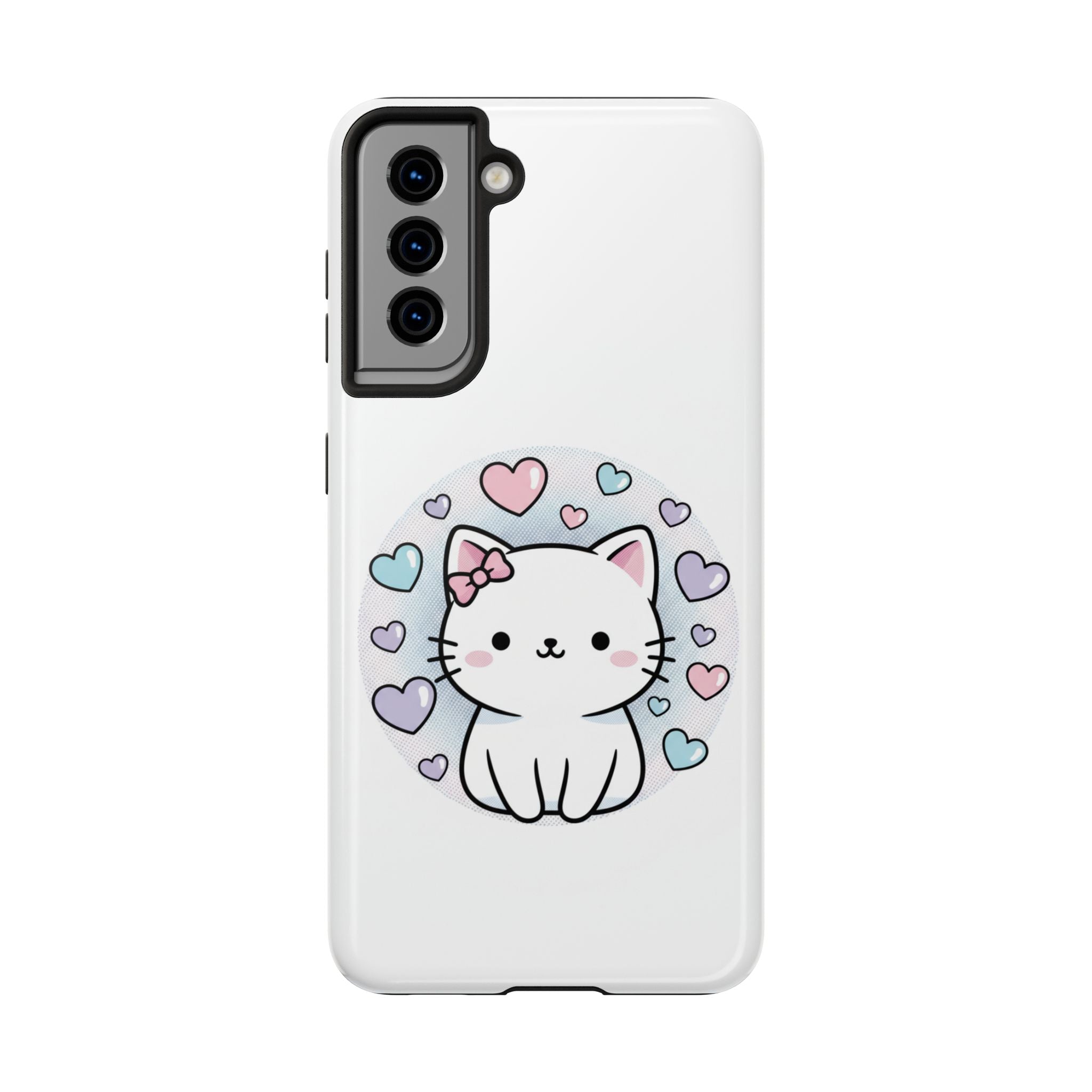Cute Kawaii Kitten Tough Phone Case — Pastel Hearts Protective iPhone Cover