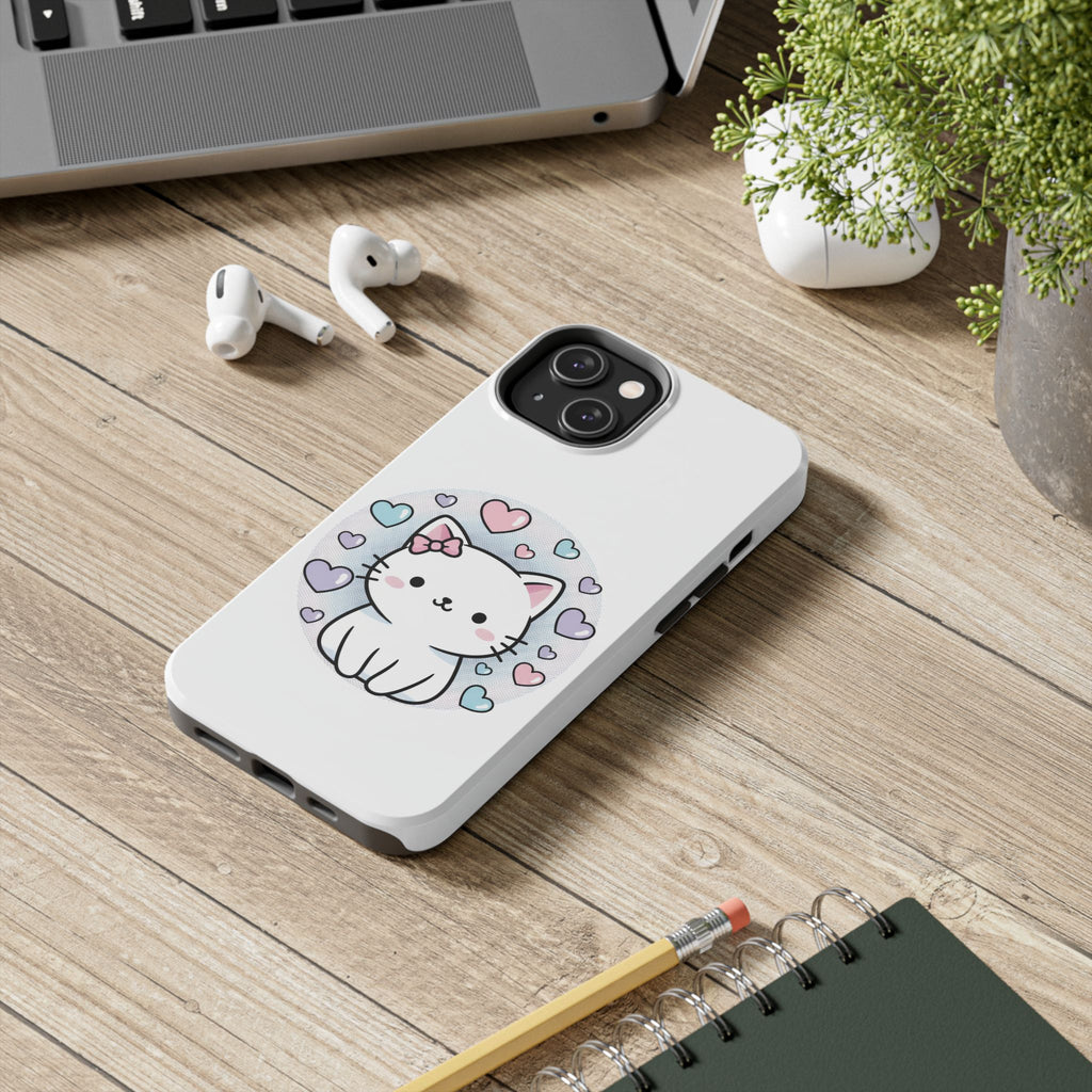 Cute Kawaii Kitten Tough Phone Case — Pastel Hearts Protective iPhone Cover