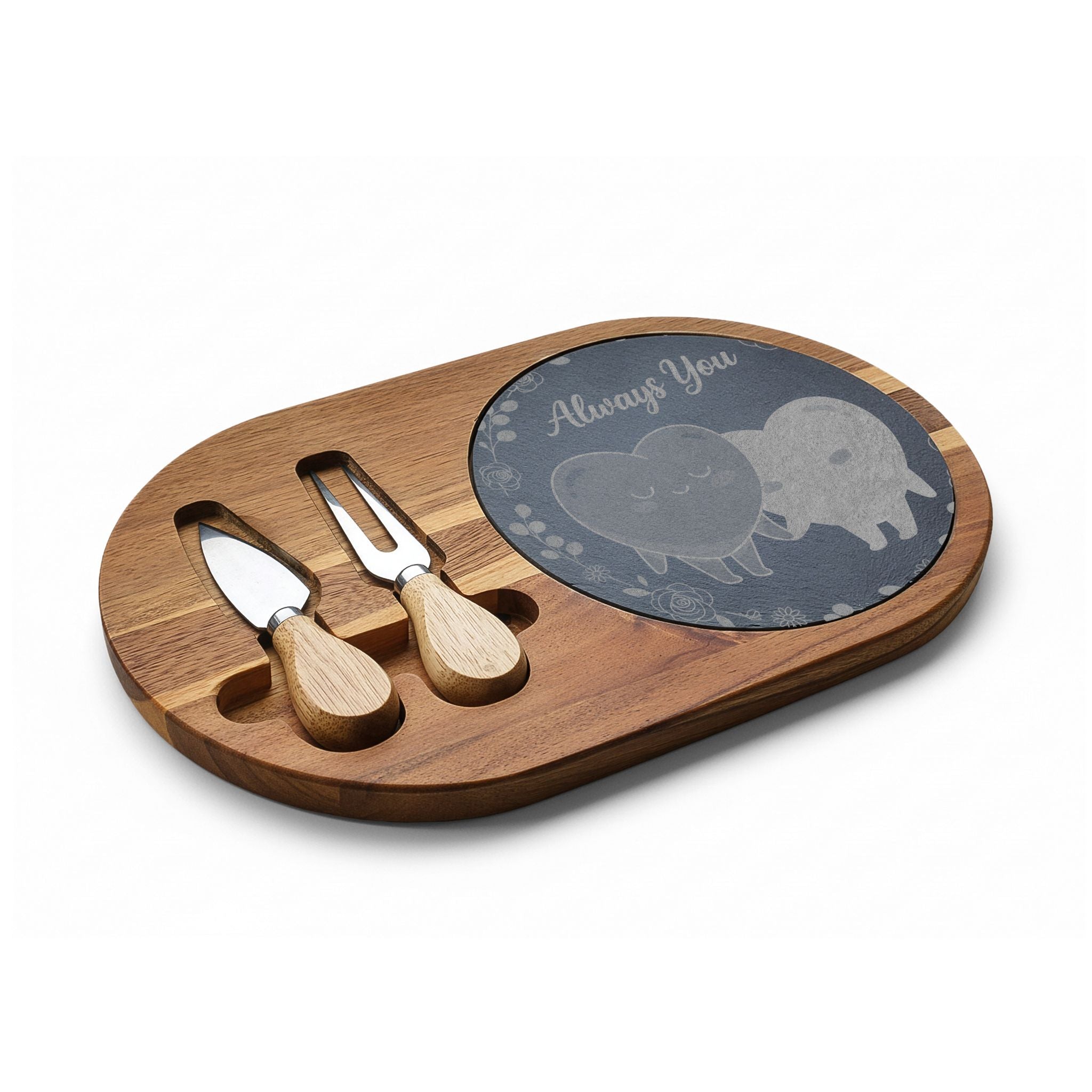 Engraved Charcuterie Board with Slate Inset – “Always You” Heart Design, Cheese Knife Set