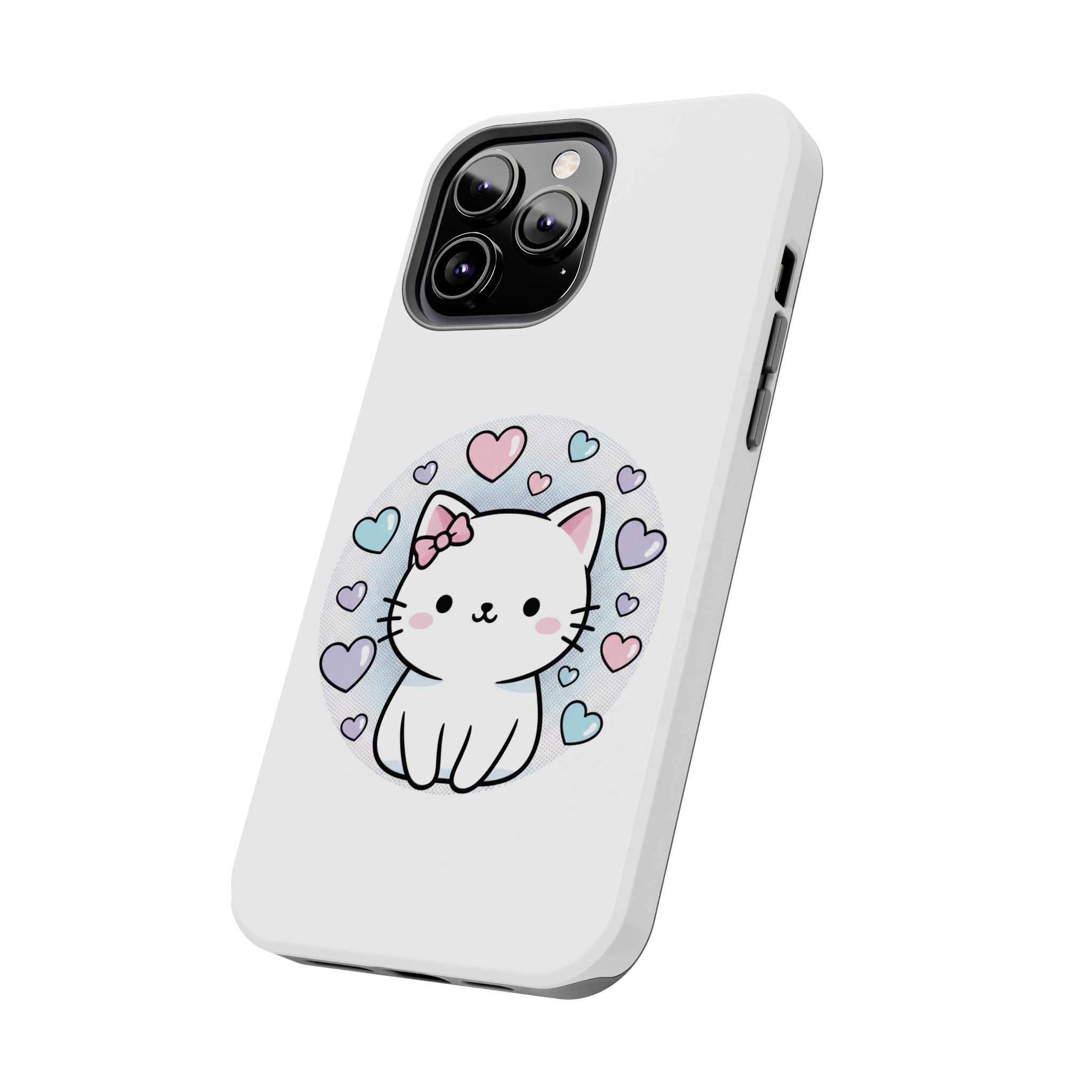 Cute Kawaii Kitten Tough Phone Case — Pastel Hearts Protective iPhone Cover