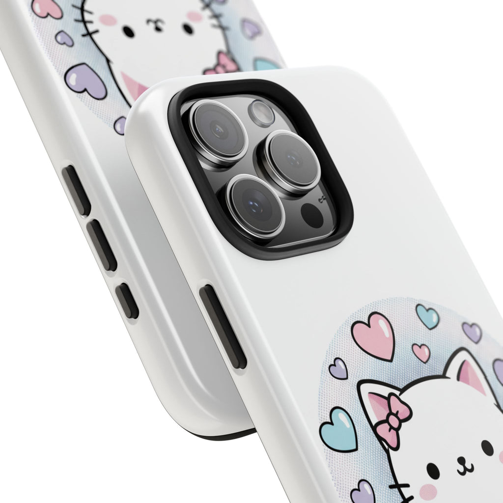 Cute Kawaii Kitten Tough Phone Case — Pastel Hearts Protective iPhone Cover