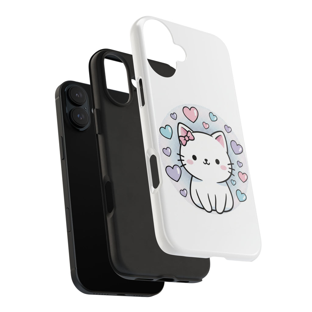 Cute Kawaii Kitten Tough Phone Case — Pastel Hearts Protective iPhone Cover