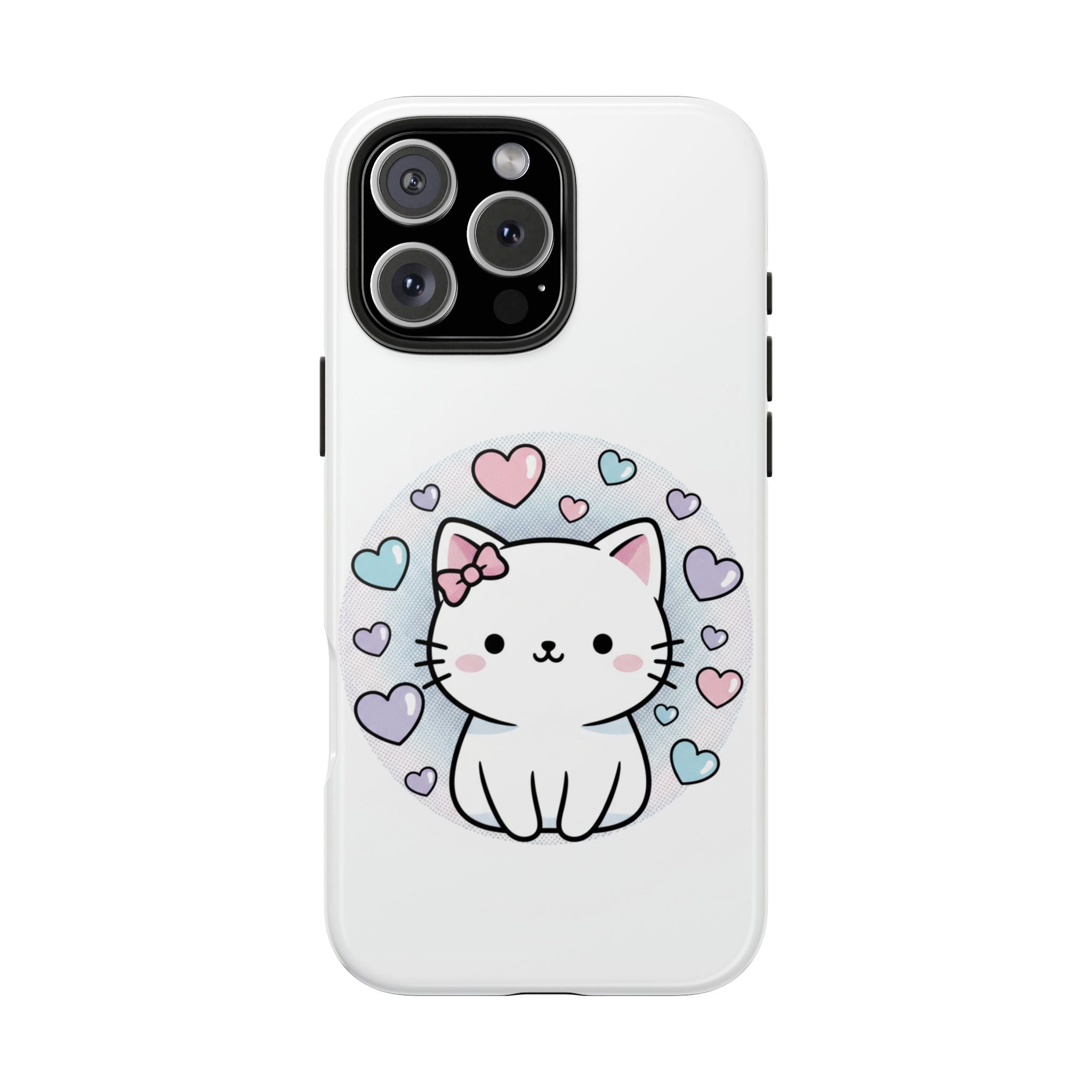 Cute Kawaii Kitten Tough Phone Case — Pastel Hearts Protective iPhone Cover