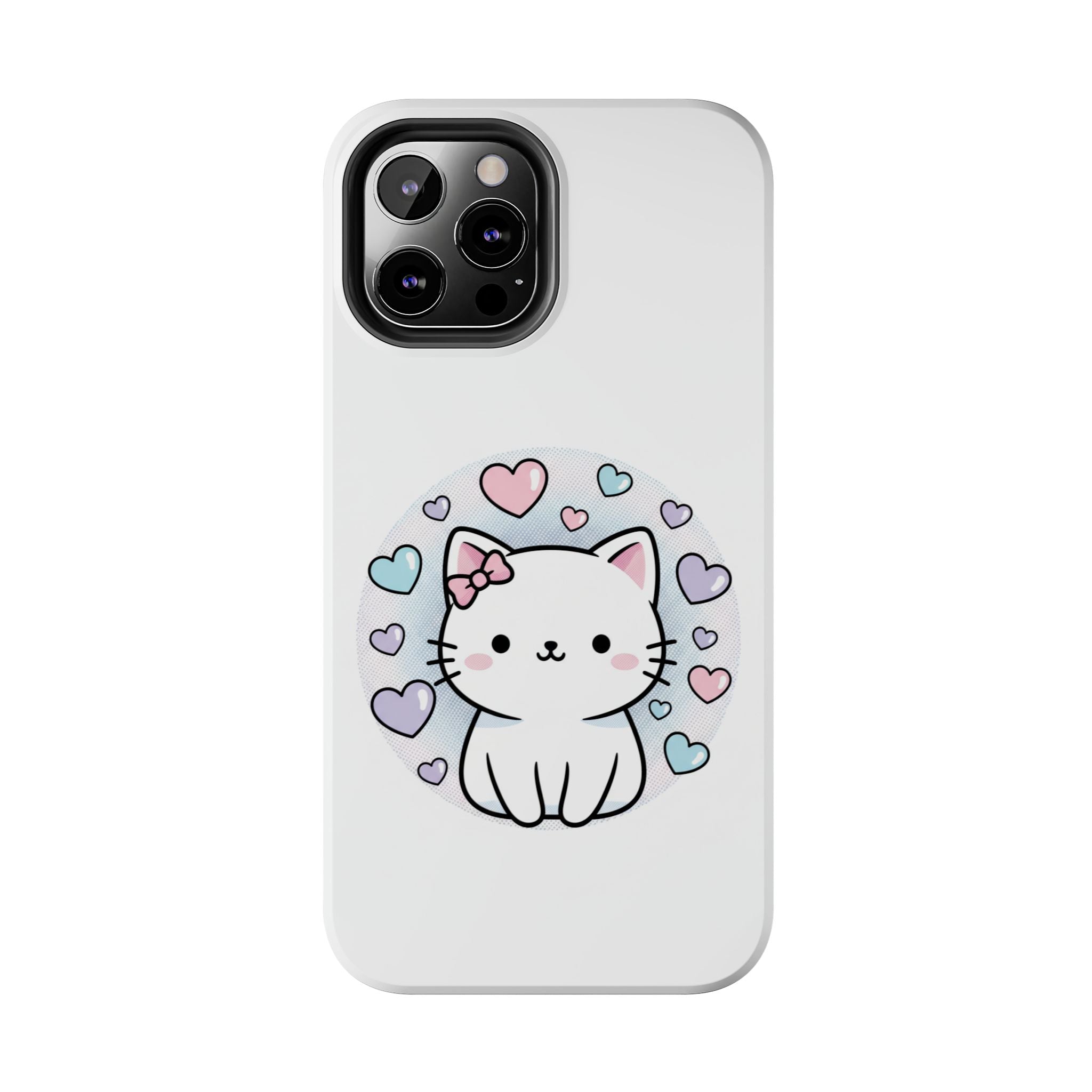 Cute Kawaii Kitten Tough Phone Case — Pastel Hearts Protective iPhone Cover