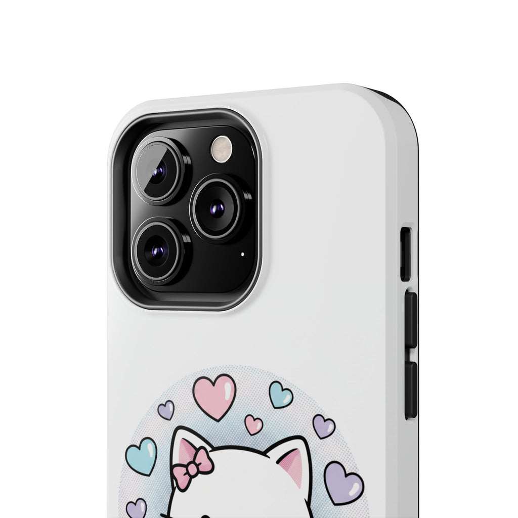 Cute Kawaii Kitten Tough Phone Case — Pastel Hearts Protective iPhone Cover