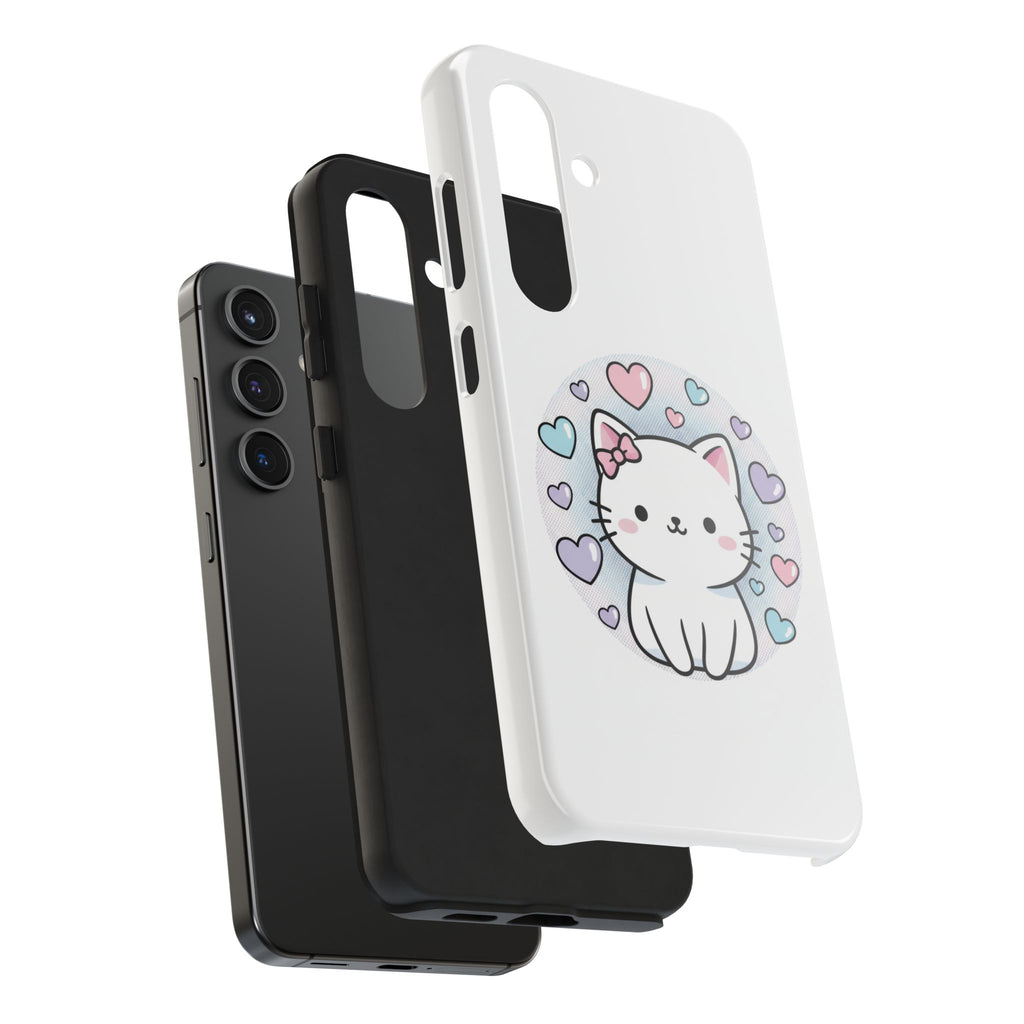 Cute Kawaii Kitten Tough Phone Case — Pastel Hearts Protective iPhone Cover