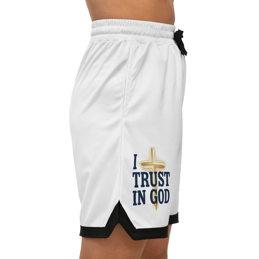 I Trust In God Basketball Shorts — White Athletic Faith Shorts