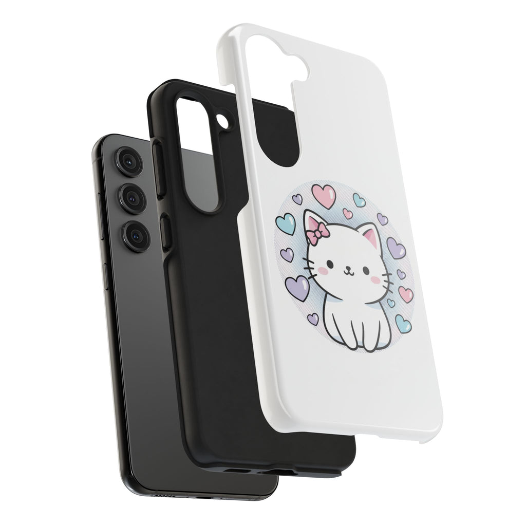 Cute Kawaii Kitten Tough Phone Case — Pastel Hearts Protective iPhone Cover