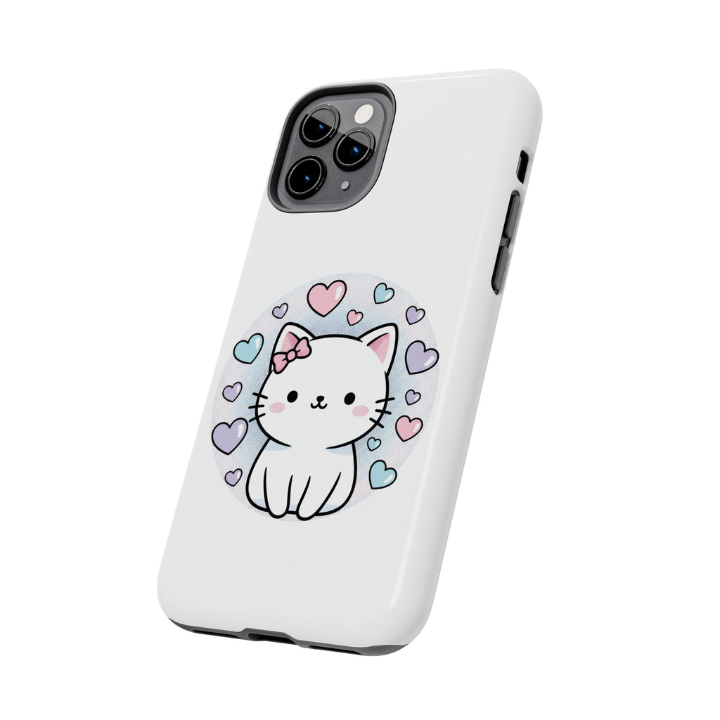 Cute Kawaii Kitten Tough Phone Case — Pastel Hearts Protective iPhone Cover