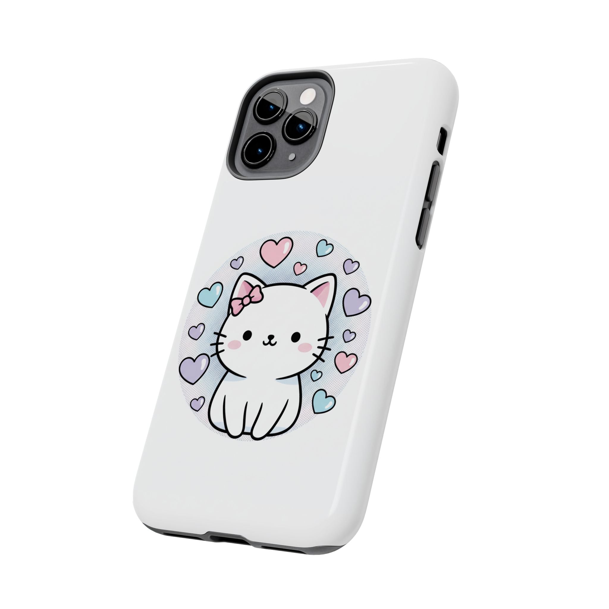 Cute Kawaii Kitten Tough Phone Case — Pastel Hearts Protective iPhone Cover