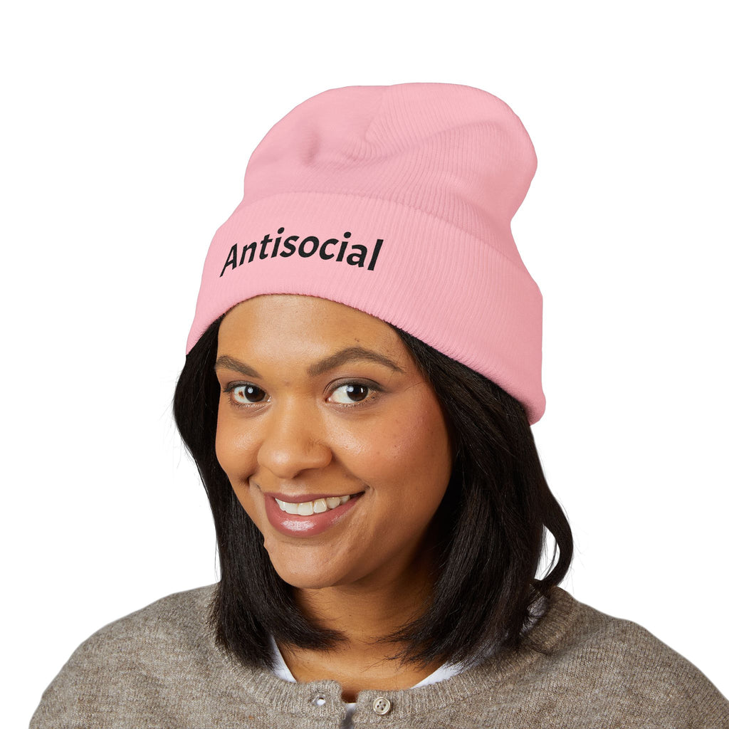 Antisocial Embroidered Cuffed Beanie —  Knit Hat