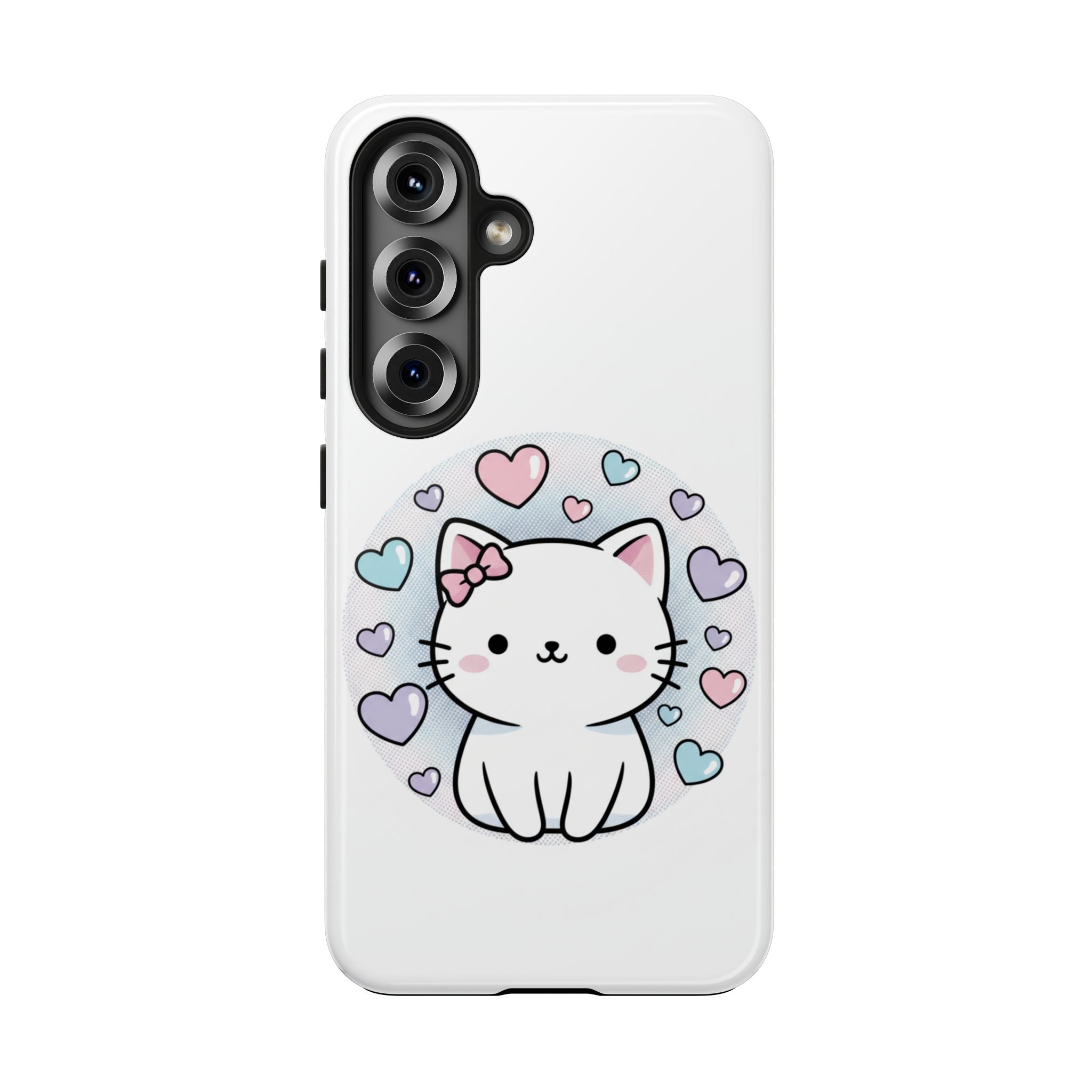 Cute Kawaii Kitten Tough Phone Case — Pastel Hearts Protective iPhone Cover