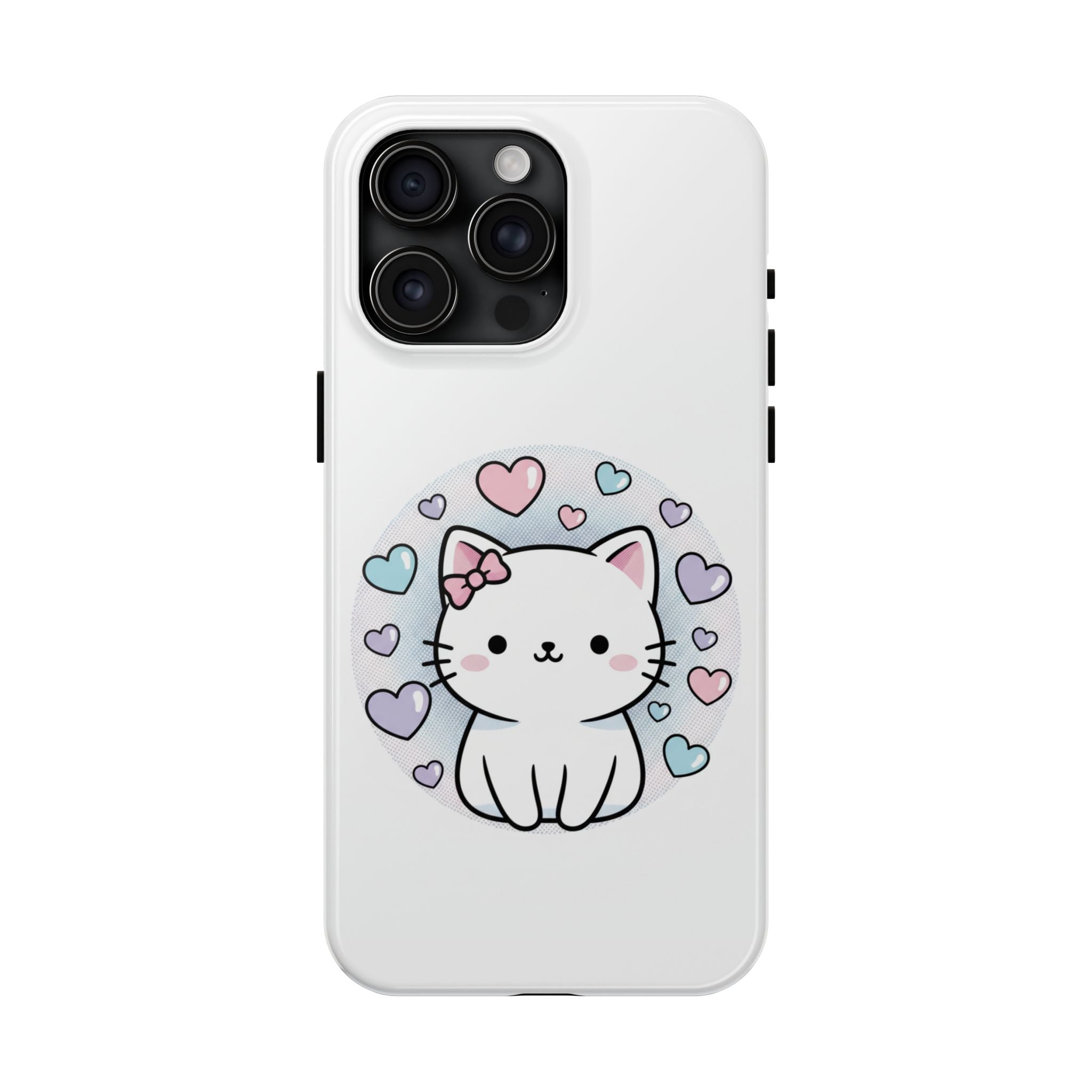 Cute Kawaii Kitten Tough Phone Case — Pastel Hearts Protective iPhone Cover