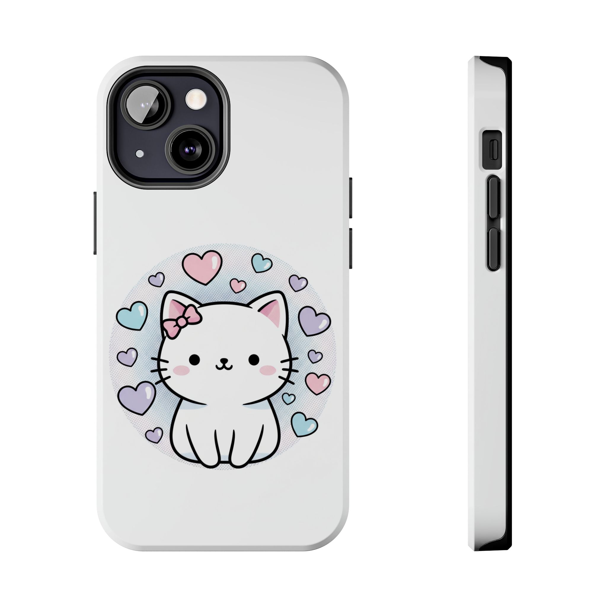 Cute Kawaii Kitten Tough Phone Case — Pastel Hearts Protective iPhone Cover