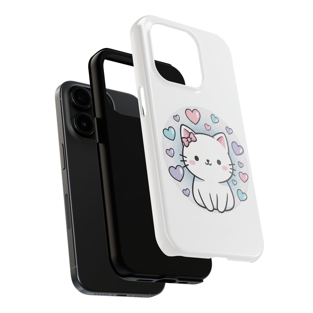 Cute Kawaii Kitten Tough Phone Case — Pastel Hearts Protective iPhone Cover