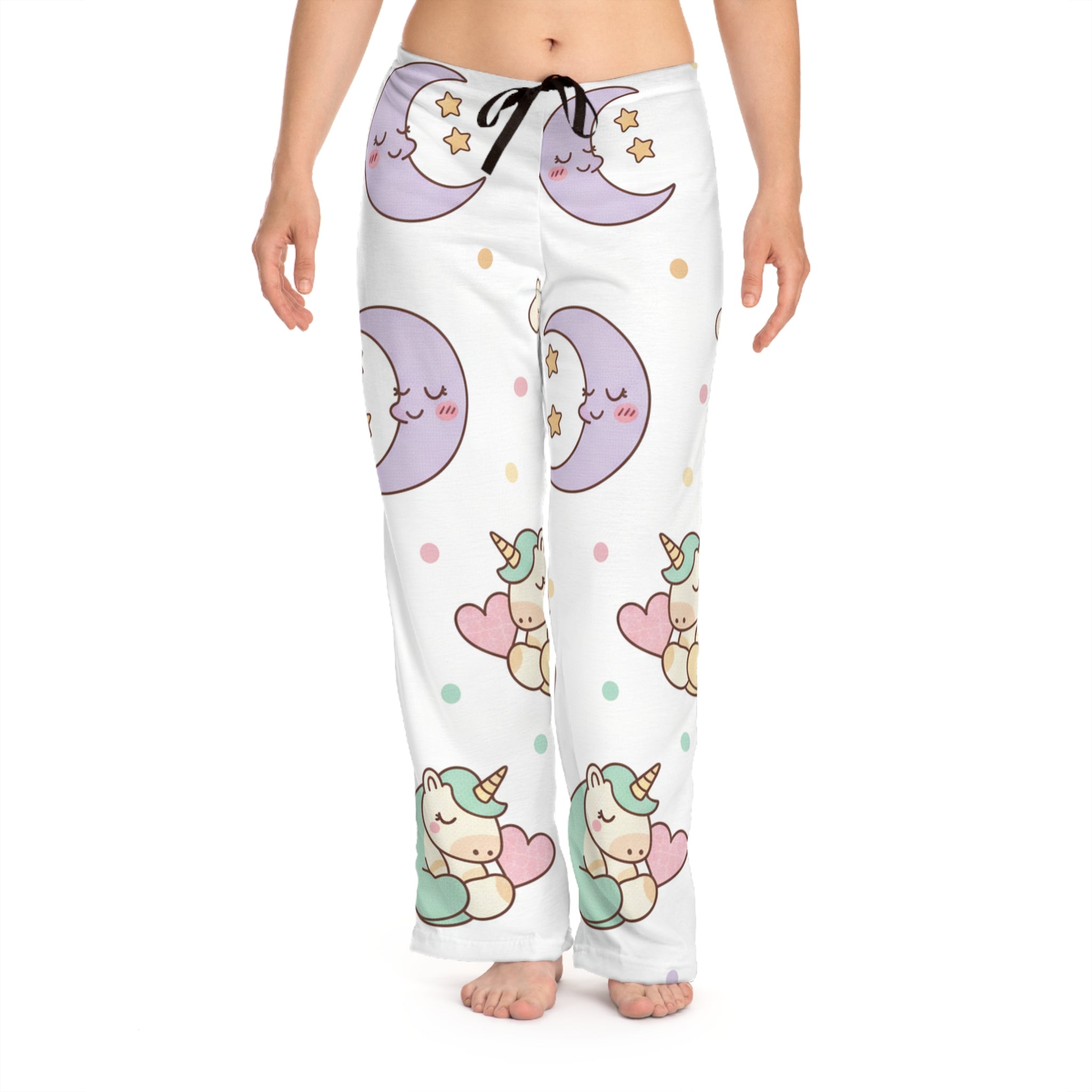 Cute Unicorn Moon Pajama Pants — Women's Sleepwear with Pastel Stars & Hearts