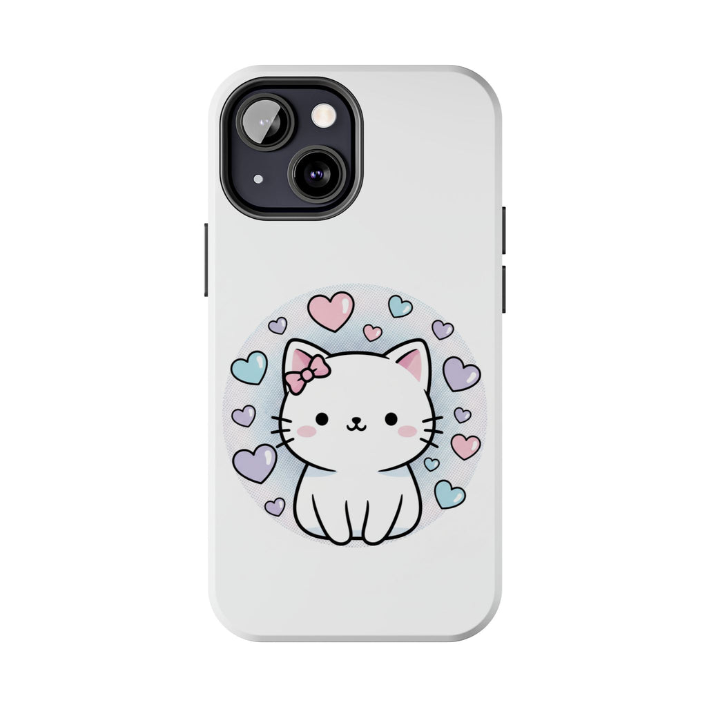 Cute Kawaii Kitten Tough Phone Case — Pastel Hearts Protective iPhone Cover