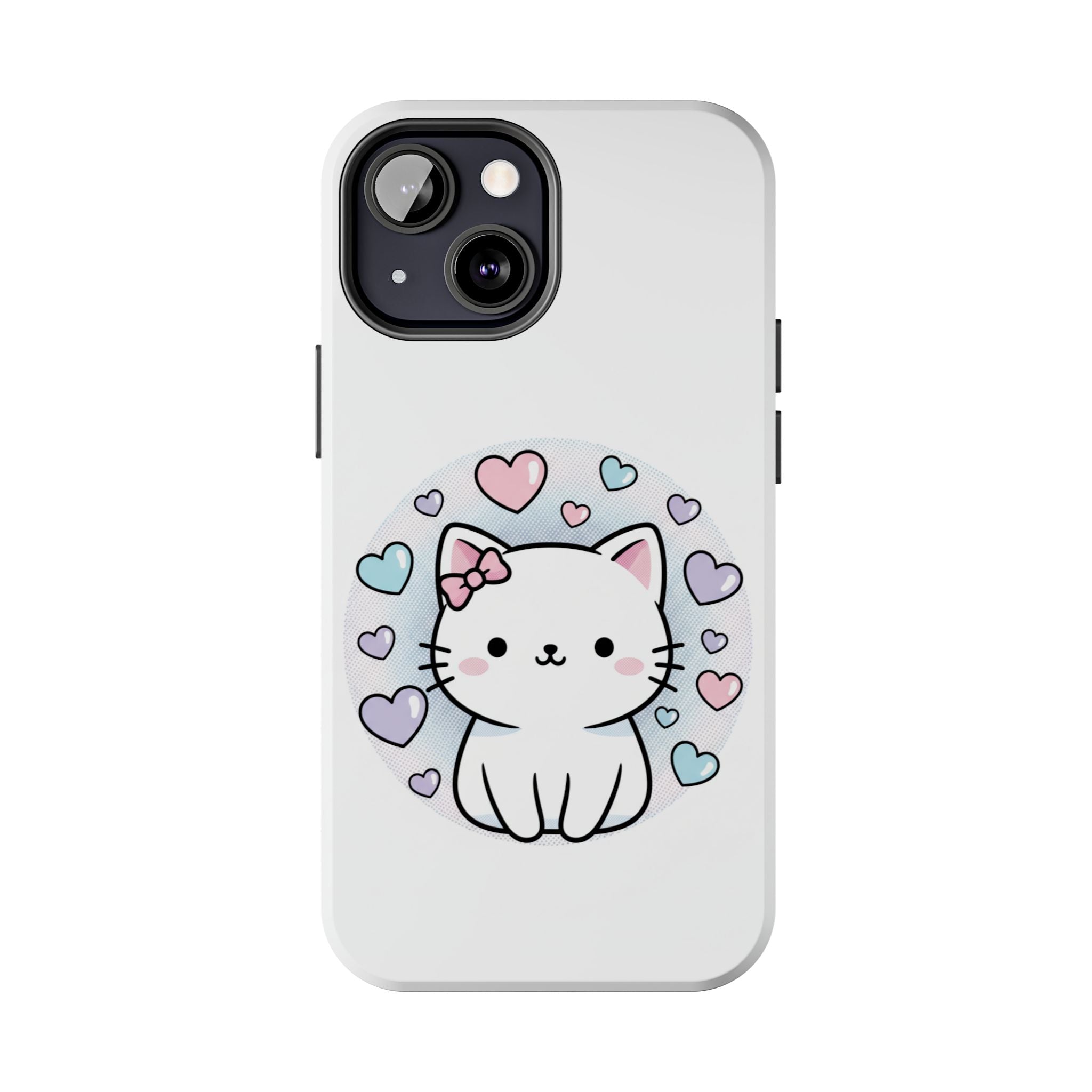Cute Kawaii Kitten Tough Phone Case — Pastel Hearts Protective iPhone Cover