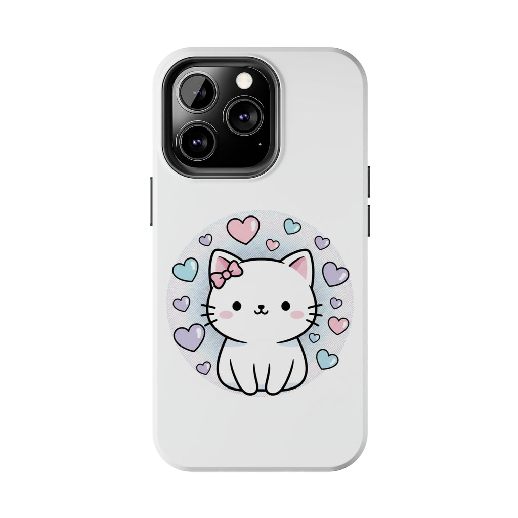 Cute Kawaii Kitten Tough Phone Case — Pastel Hearts Protective iPhone Cover