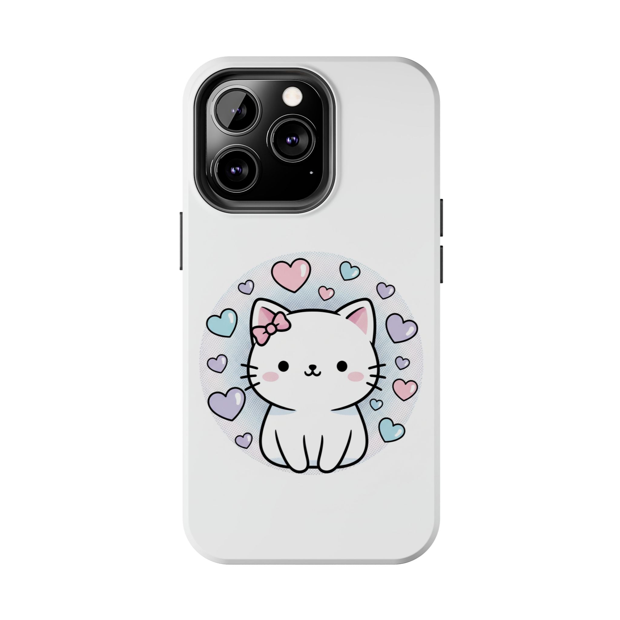 Cute Kawaii Kitten Tough Phone Case — Pastel Hearts Protective iPhone Cover