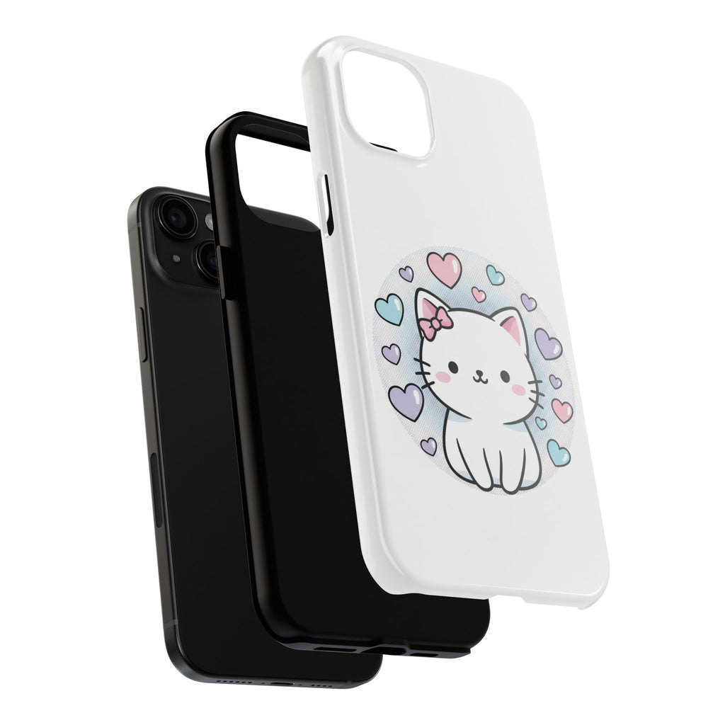 Cute Kawaii Kitten Tough Phone Case — Pastel Hearts Protective iPhone Cover