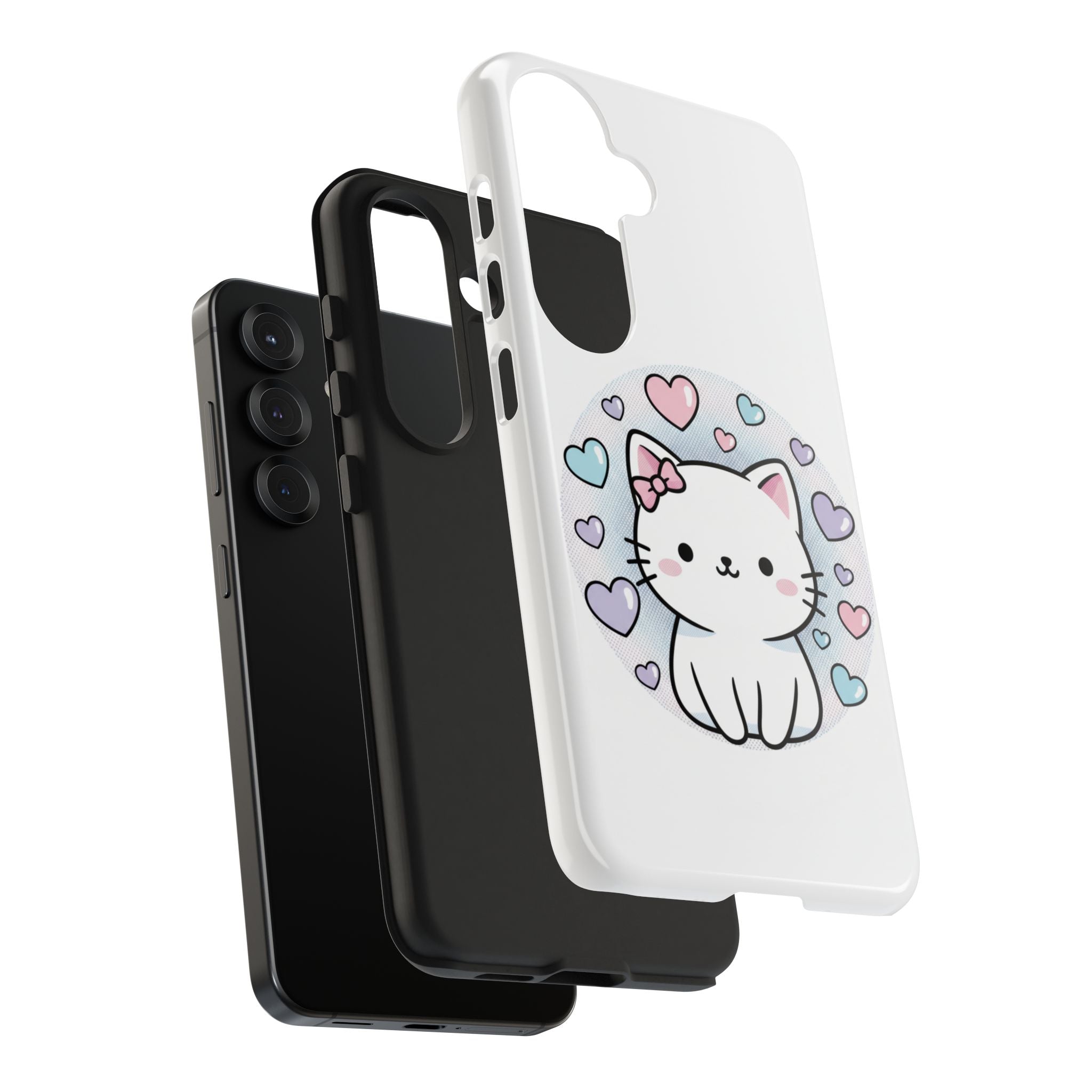 Cute Kawaii Kitten Tough Phone Case — Pastel Hearts Protective iPhone Cover