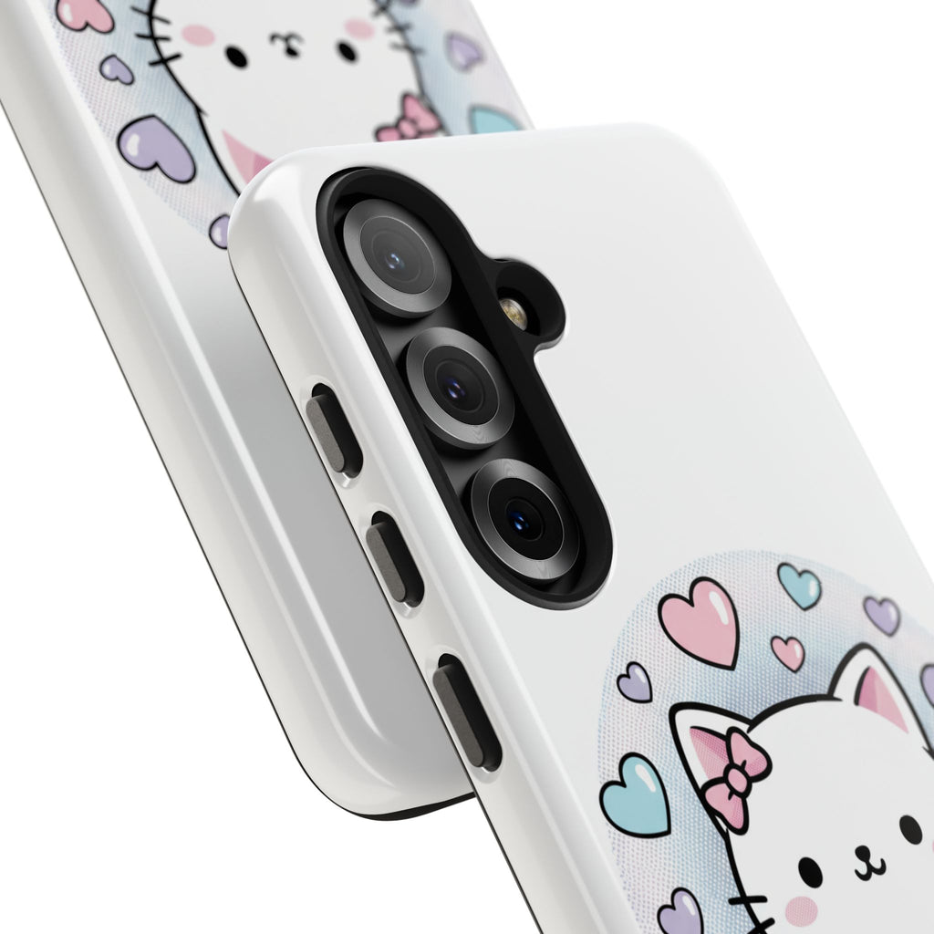 Cute Kawaii Kitten Tough Phone Case — Pastel Hearts Protective iPhone Cover