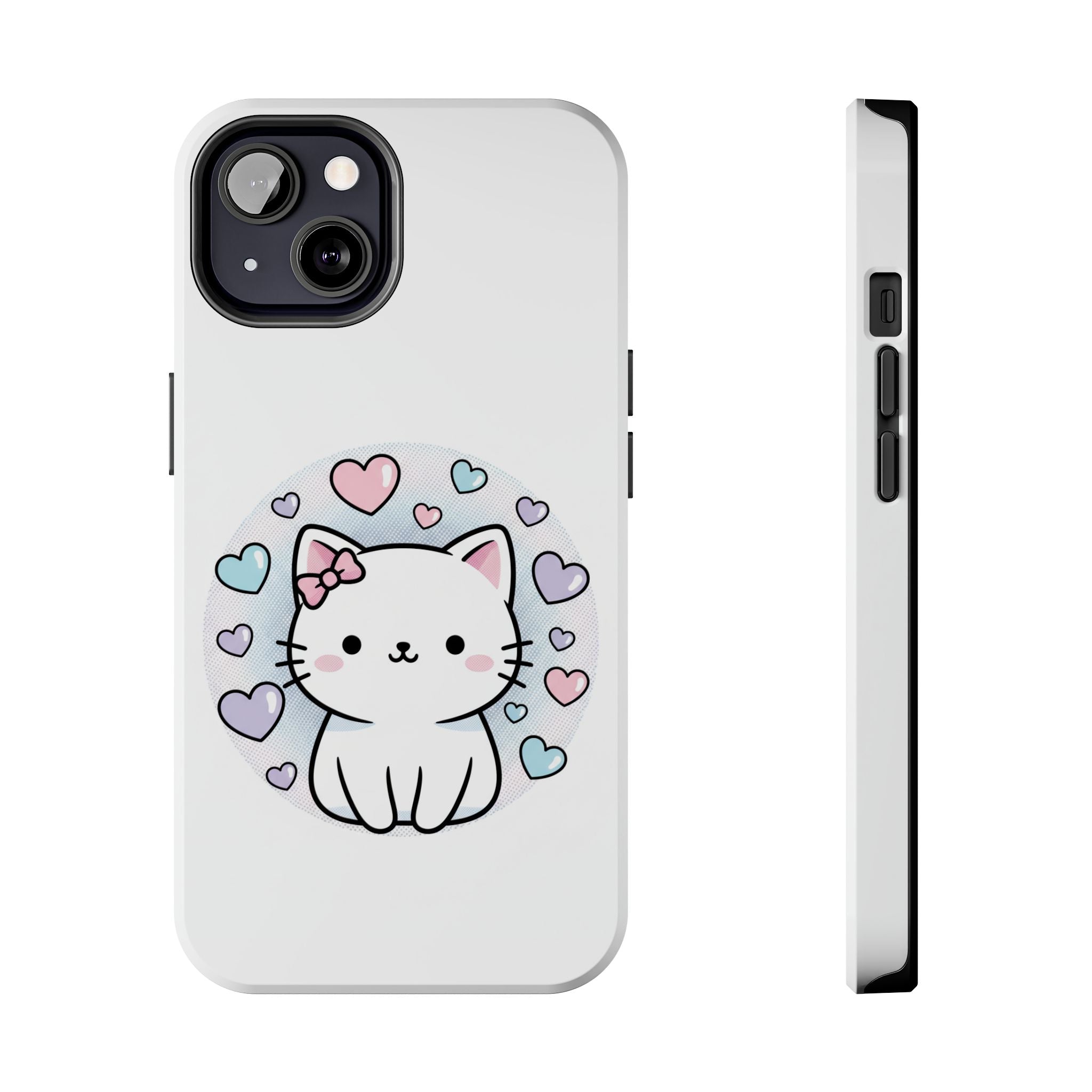 Cute Kawaii Kitten Tough Phone Case — Pastel Hearts Protective iPhone Cover