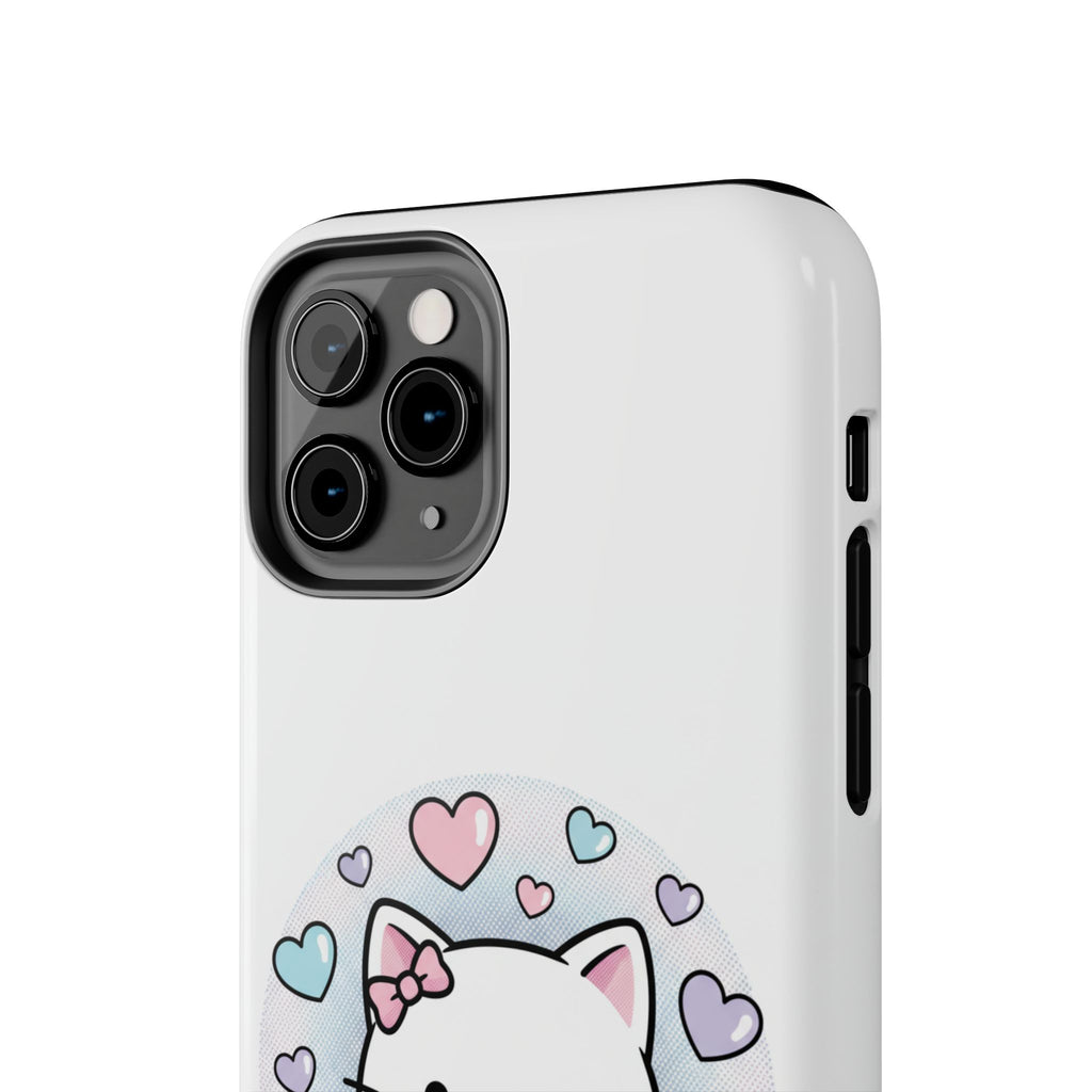 Cute Kawaii Kitten Tough Phone Case — Pastel Hearts Protective iPhone Cover