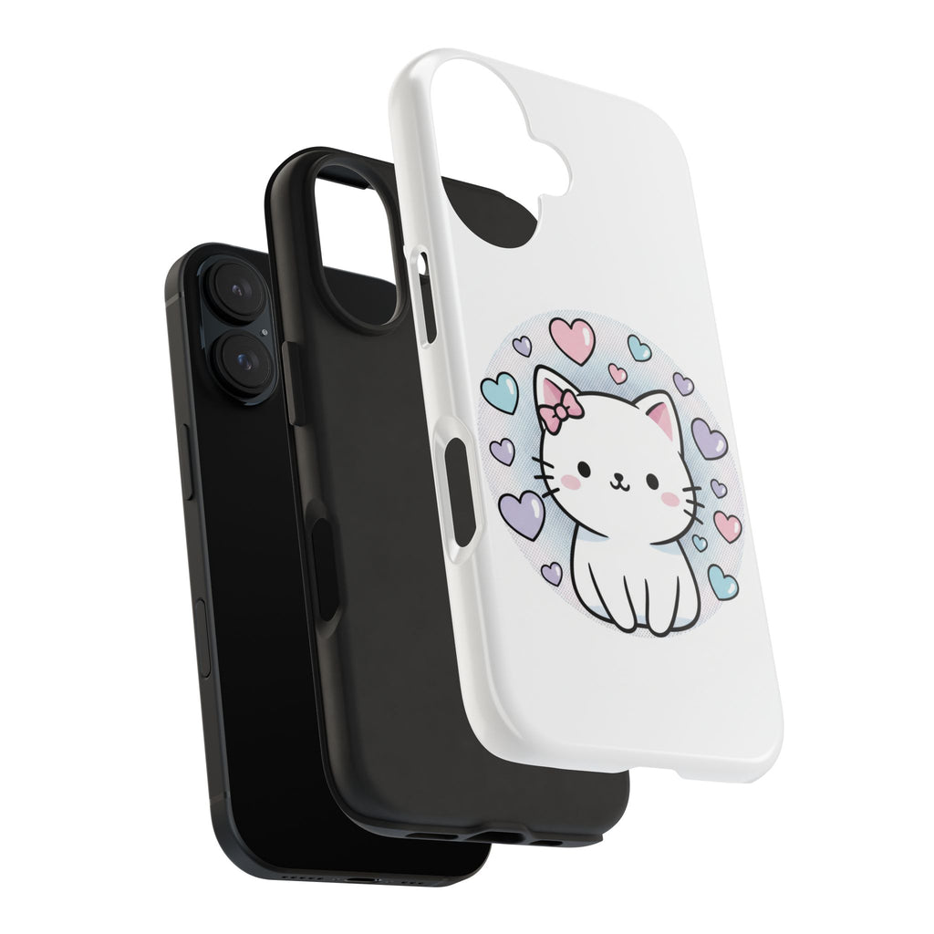 Cute Kawaii Kitten Tough Phone Case — Pastel Hearts Protective iPhone Cover