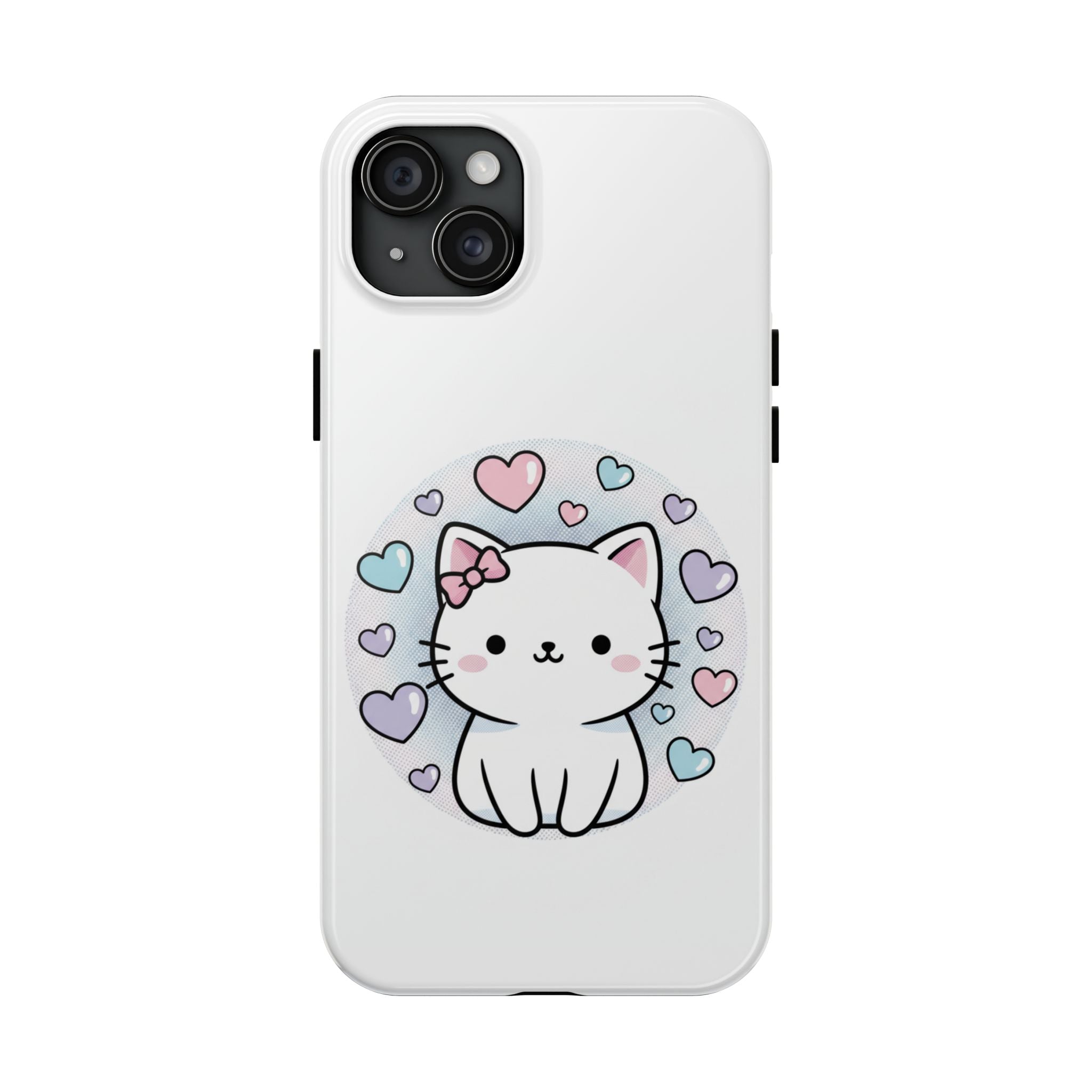 Cute Kawaii Kitten Tough Phone Case — Pastel Hearts Protective iPhone Cover