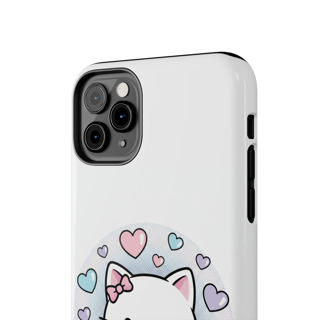 Cute Kawaii Kitten Tough Phone Case — Pastel Hearts Protective iPhone Cover
